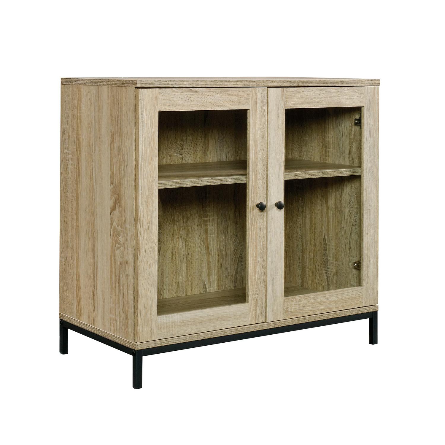 Curiod 2-Door Glass-Fronted Wooden Display Cabinet or TV Stand， Charter Oak Finish