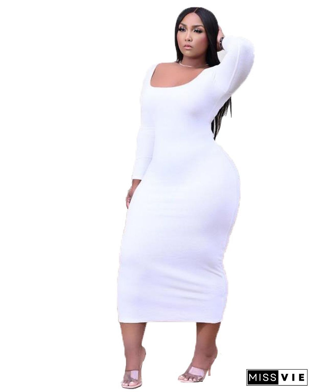 Long Sleeve U Collar Solid Plus Size Maxi Dress