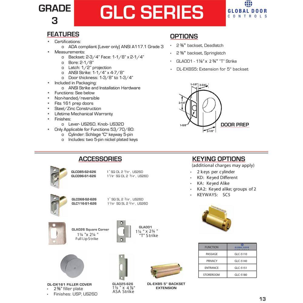 Global Door Controls GLC Series Brushed Chrome Grade 3 CommercialResidential Storeroom Door Handle with Lock GLC-5180L-626