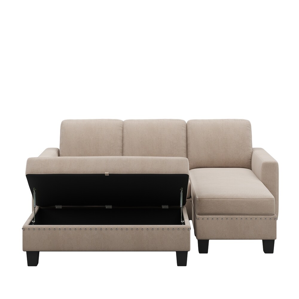 Reversible Sectional Couch with Storage Chaise L Shaped Sofa for Apartment Sectional Set  Nailhead Textured Linen Fabric