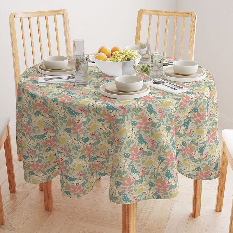 Round Tablecloth， 100% Polyester， 70 Round， Decorated Birds and Flowers