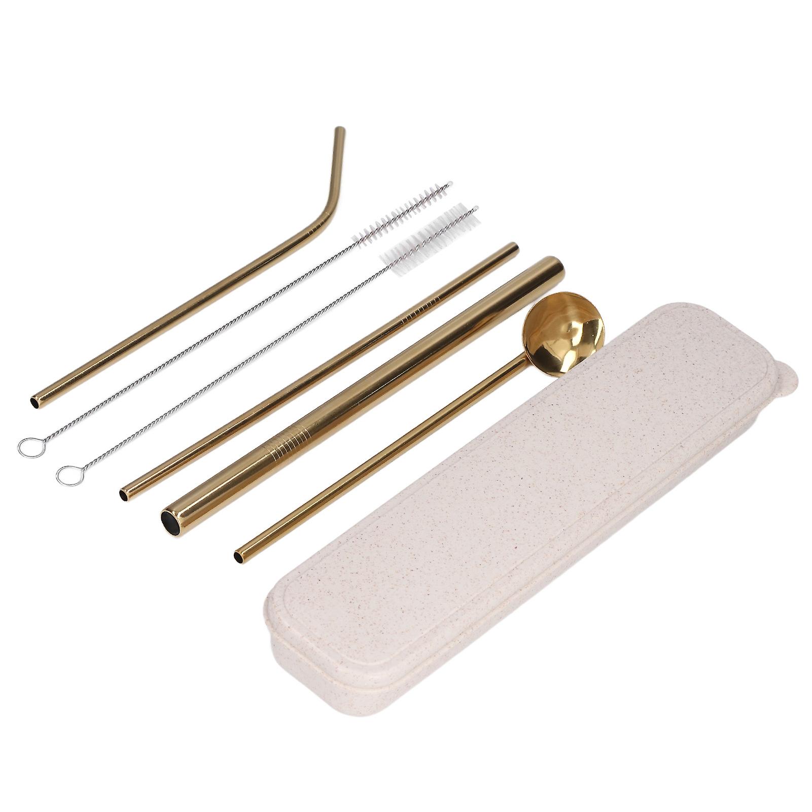 Portable 304 Stainless Steel Drinking Straws Spoon Set Reusable Cocktail Drinking Straws With 2 Cleaner Brushgold