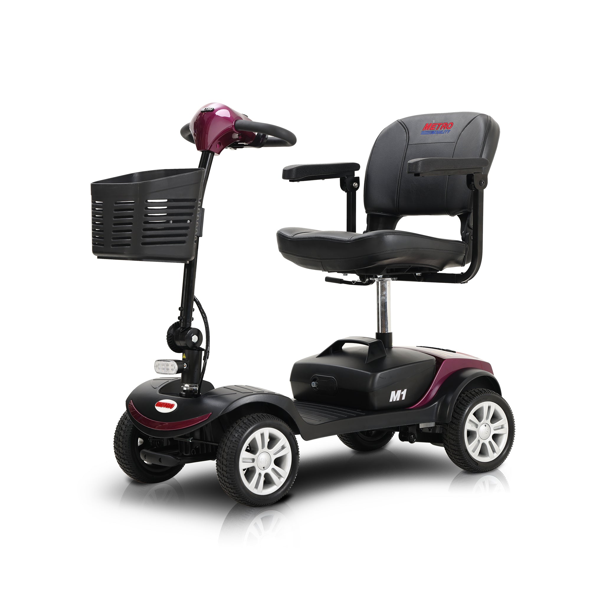 Folding 4 Wheels Compact Travel Mobility Scooter with Led Light 300W, Electric Powered Wheelchair Device Motor for Adult Elderly -300lbs, Power Extended Battery with Charger and Basket, Plum