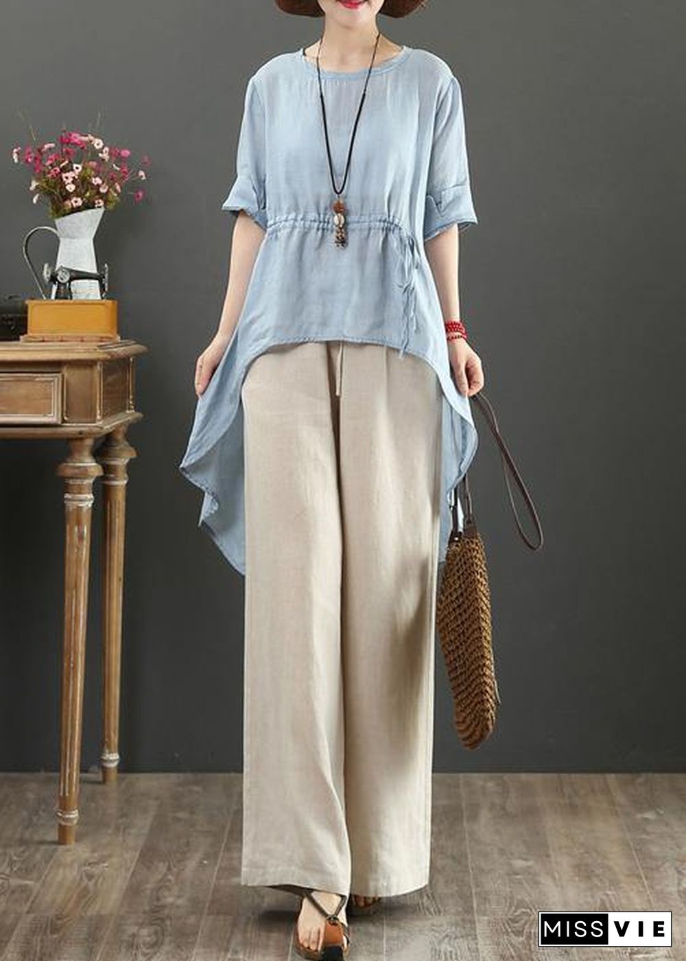 DIY light blue linen clothes o neck asymmetric box shirts