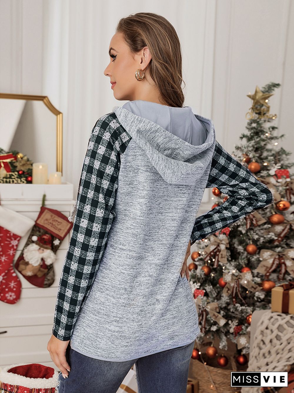 Plaid Splicing Kangaroo Pocket Buttoned Hoodie