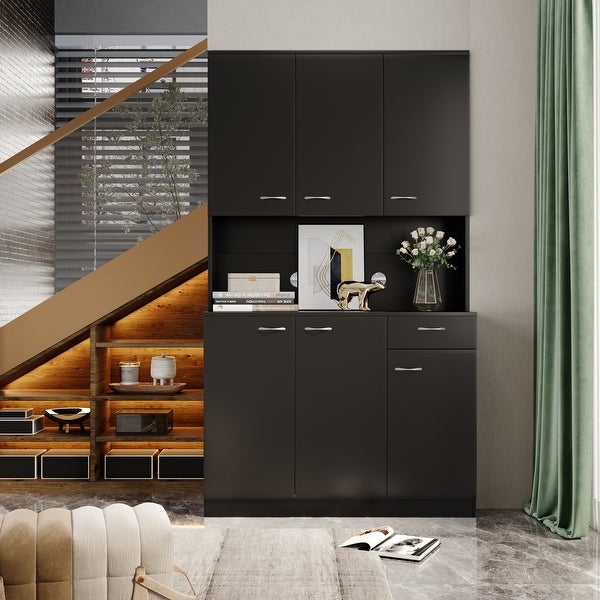 Modern Tall Wardrobe with 6-Doors， 1-Open Shelves and 1-Drawer - - 36805924