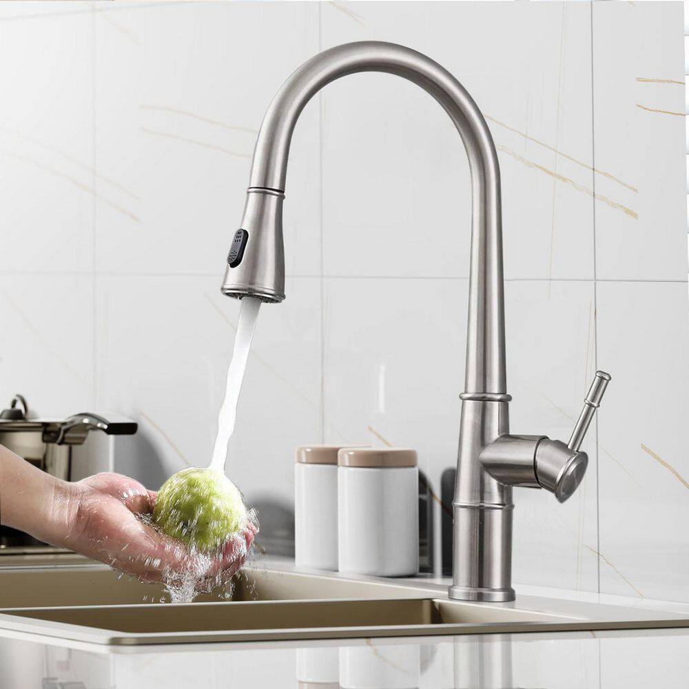 Satico Single-Handle Single-Hole 2-Spray Goose Neck Deck Mount 360-Degree Swivel Pull-Out Kitchen Faucet in Brushed Nickel SCKFDR003