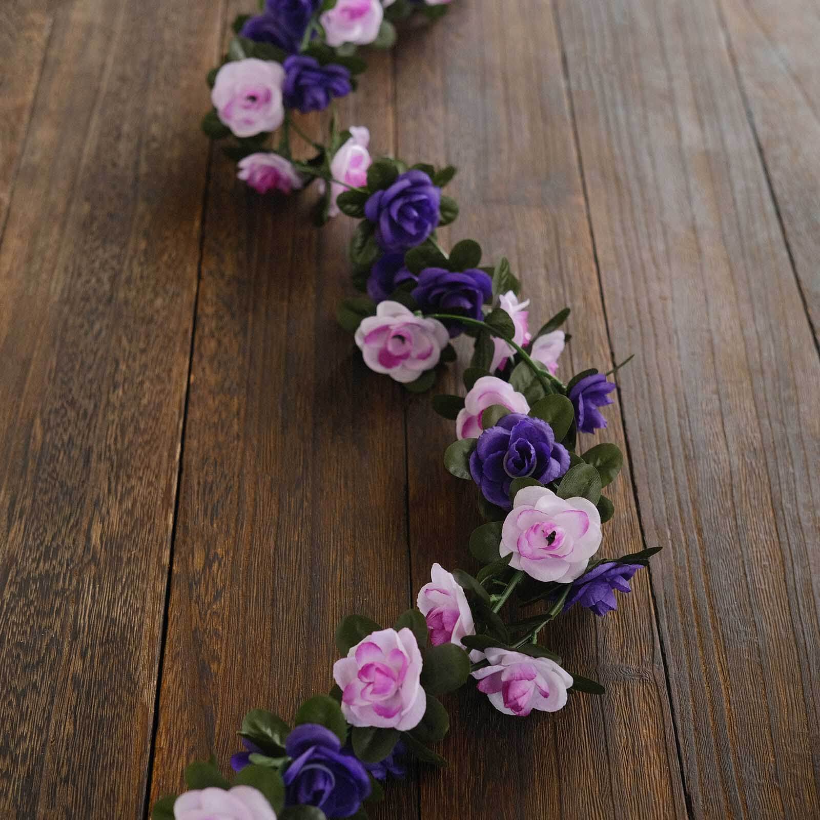 2 Pack Lavender Purple Artificial Silk Mini Rose Vines Hanging Flower Garland with 45 Flower Heads - 8ft