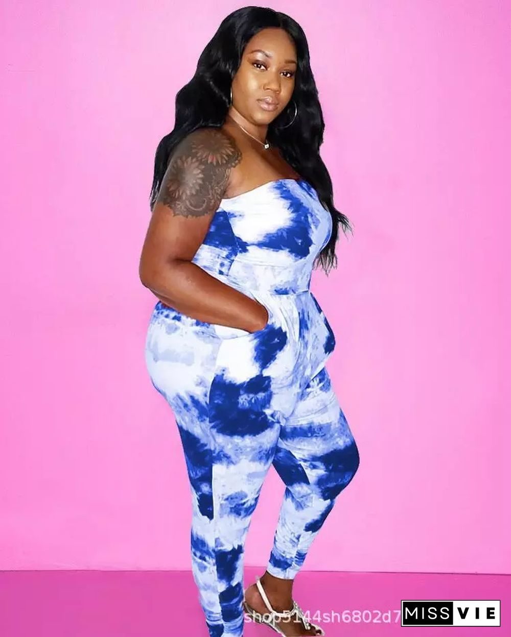 Plus Size Tie Dye Strapless One Piece Jumpsuit