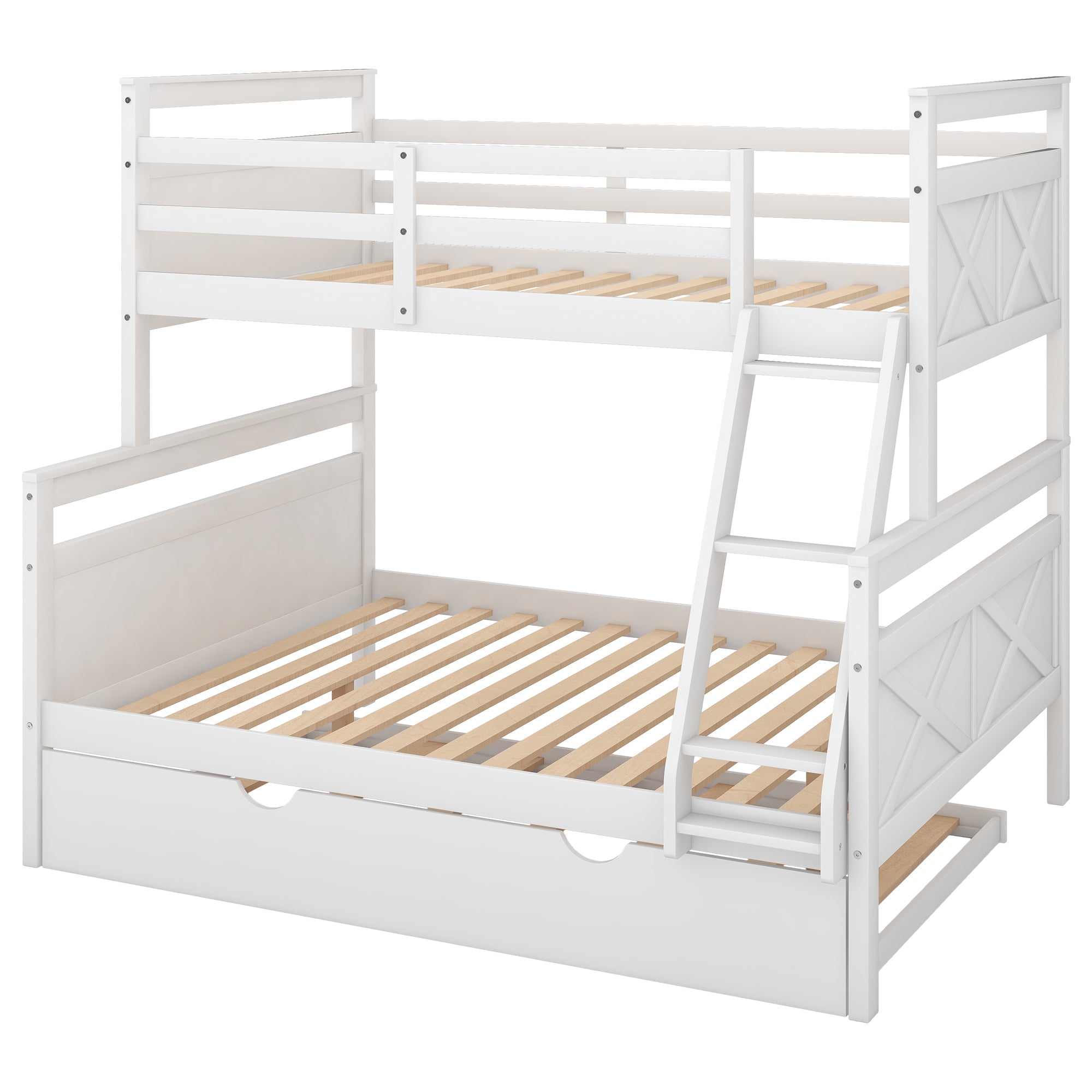 Euroco Wood Twin over Full Bunk Bed with Trundle for Kids & Adults for Bedrooms, White