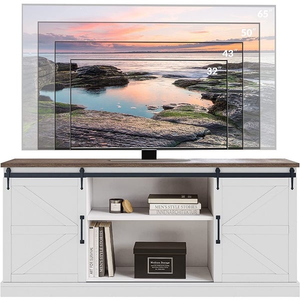 TV Stand for TVs up to 65 Inch， Modern Entertainment Center Home Media Console Table with Sliding Barn Door and Open Shelves