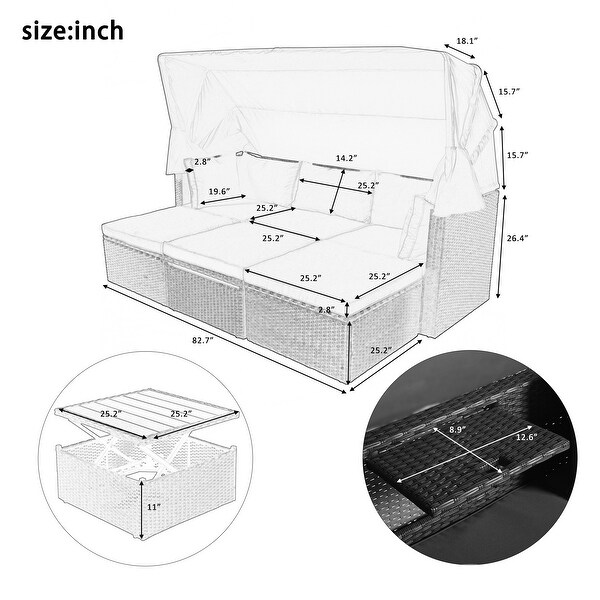 Roomfitters Outdoor Patio Rectangle Daybed with Retractable Canopy，Wicker Sectional Seating with Washable Cushions