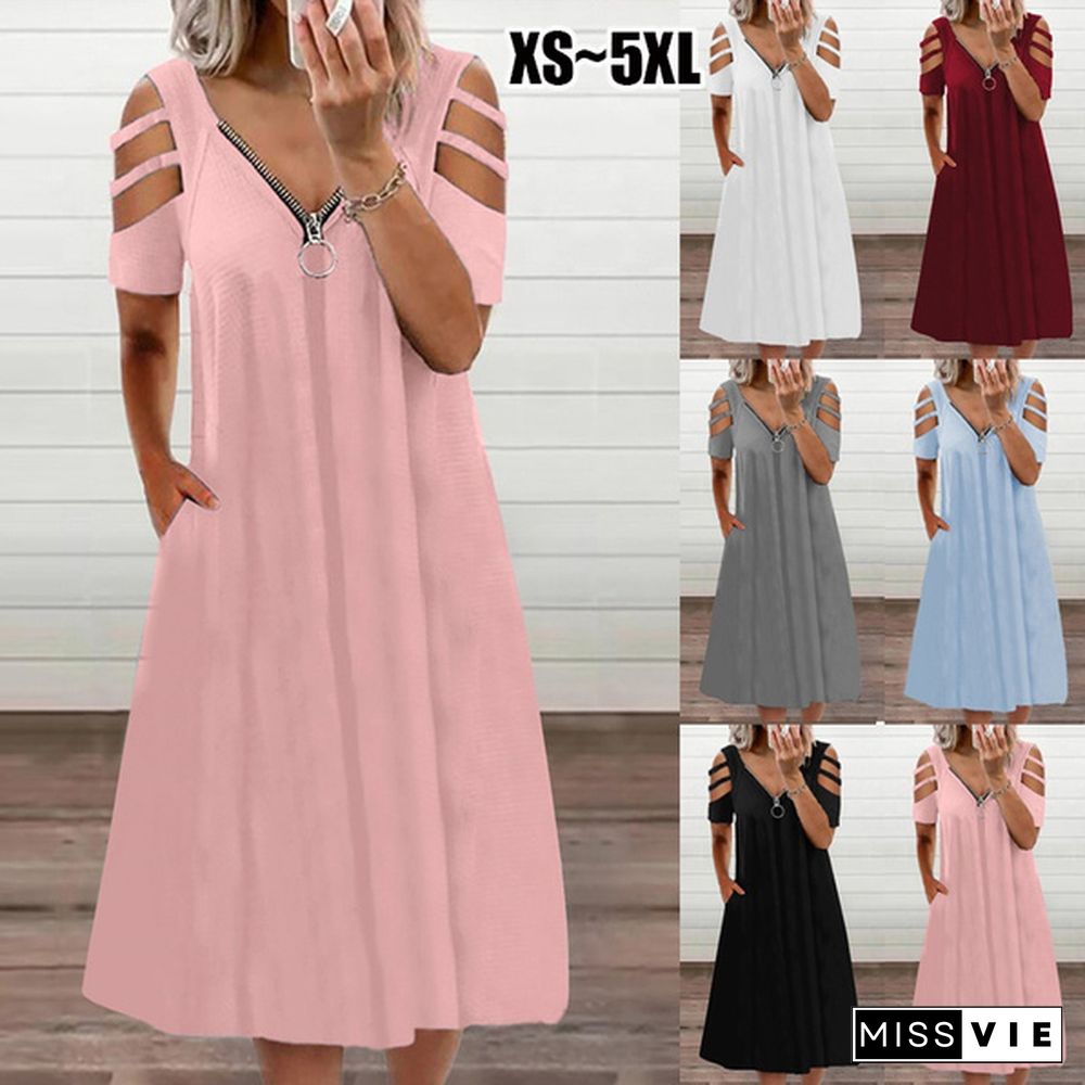 NEW Summer Women's Fashion Casual Short Sleeve Zipper V-neck Dress Beach Dresses Plus Size Party Dresses