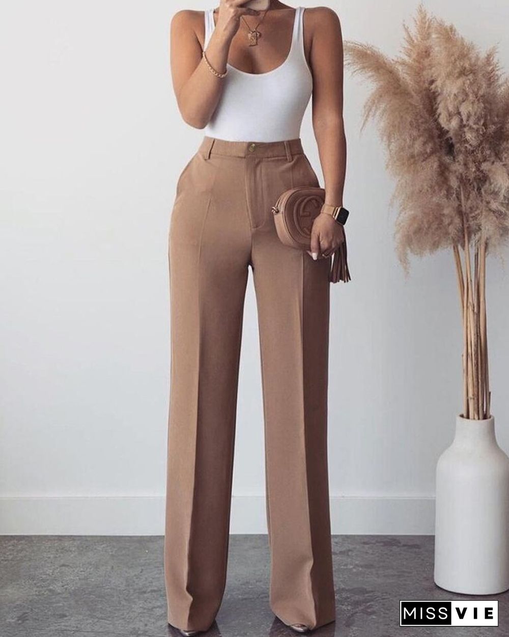 Solid Ribbed Tanks With Solid Loose Straight Leg Pants Suit Sets