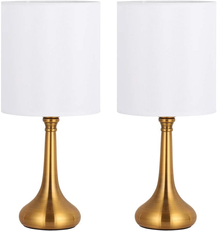 Modern Nightstand Lamps Set of 2 with Gold Metal Base and White Fabric Shade