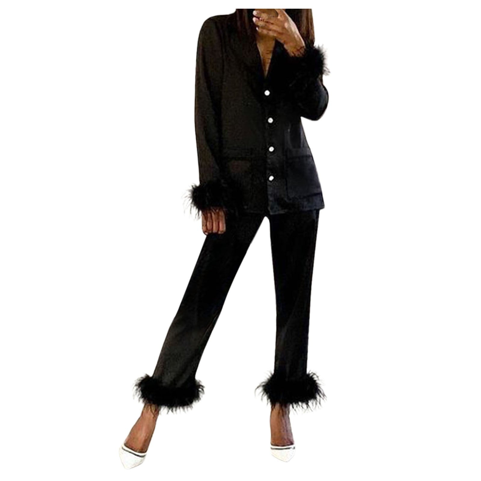 pants for women Women Feather Long Sleeve Camis Tops+Long Pants 2 Piece Set Sleepwear