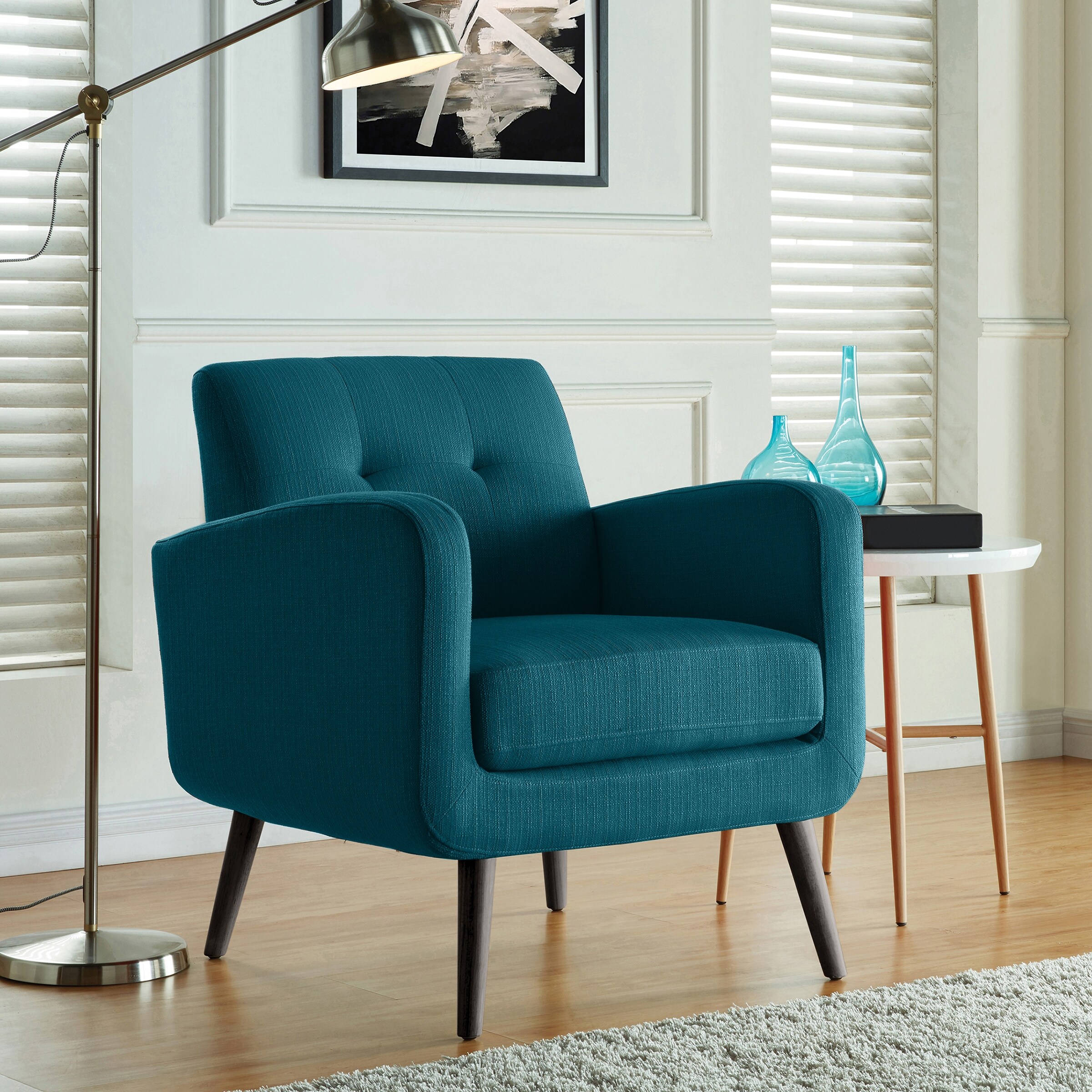 Keflavik Mid-century Peacock Blue Linen Arm Chair