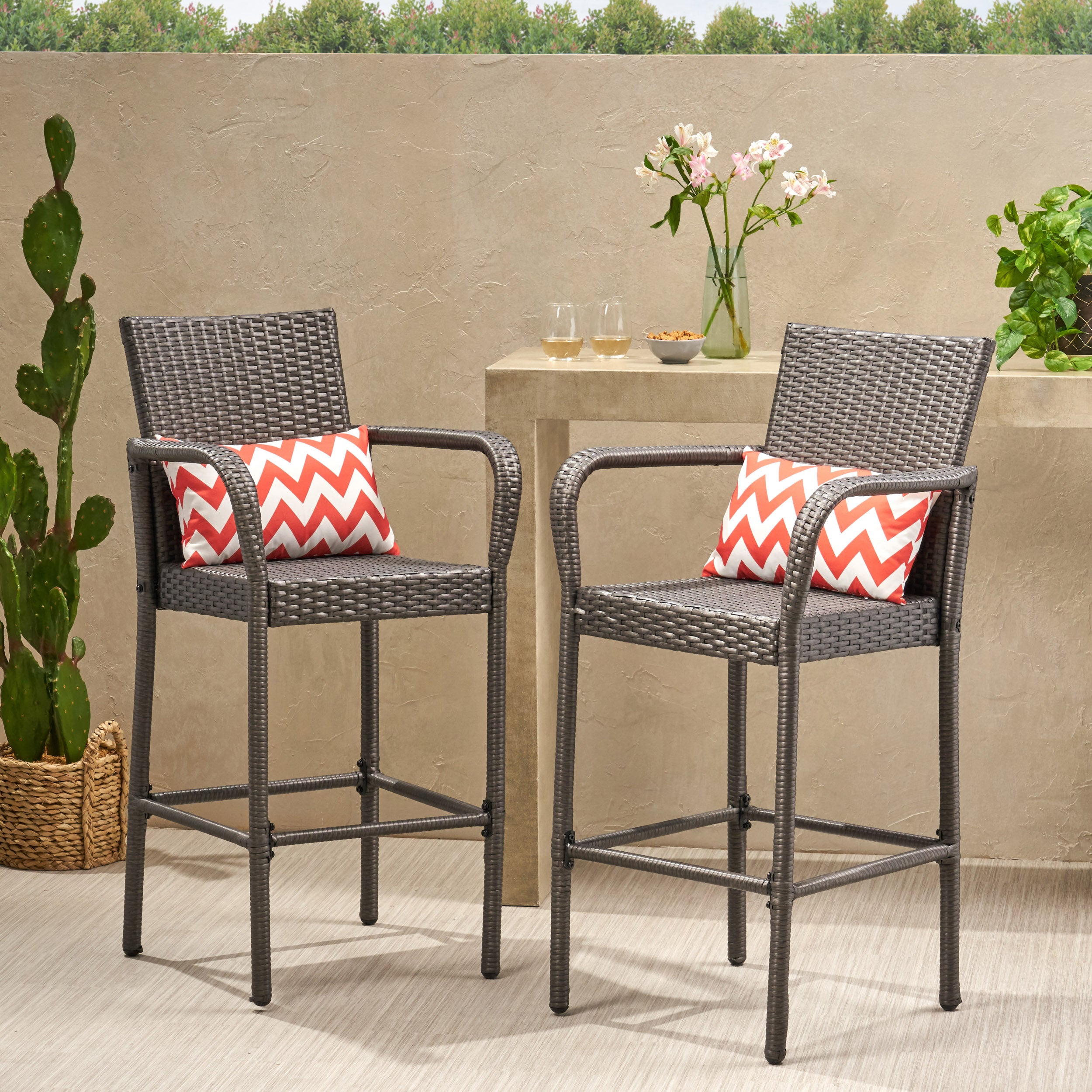 Dunedin Outdoor Coastal Wicker Backed Barstools with Arms