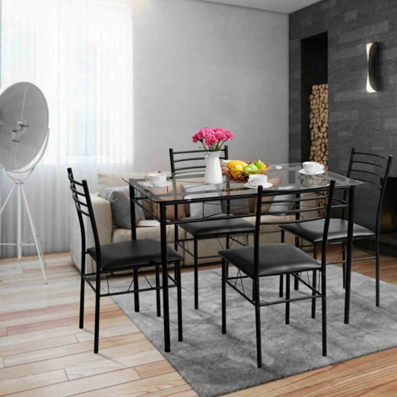 5 Pcs Dining Glass Top Table and 4 Upholstered Chairs