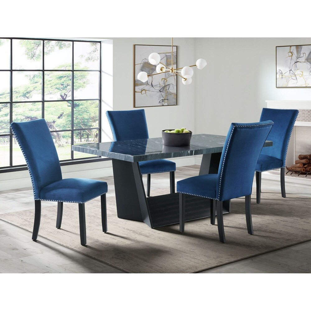 Dillon Standard Height Gray 5PC Dining Set Table   Four Velvet Chairs in Blue