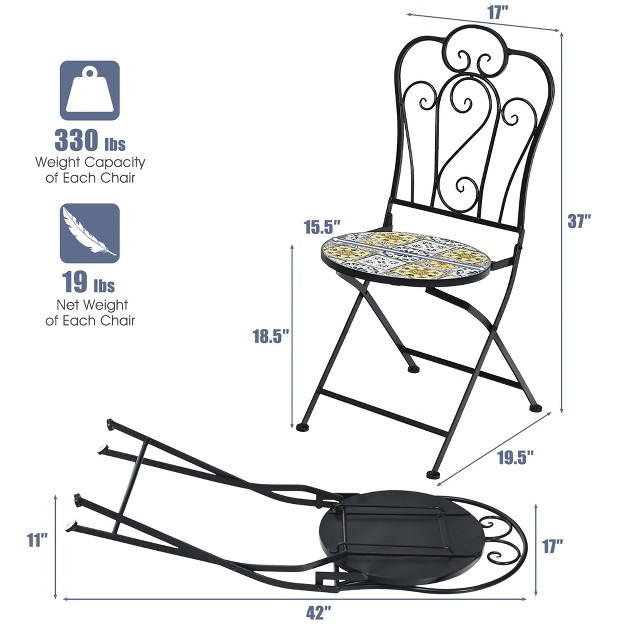 Costway 2pcs Patio Folding Mosaic Bistro Chairs Flower Pattern Seat Garden Deck