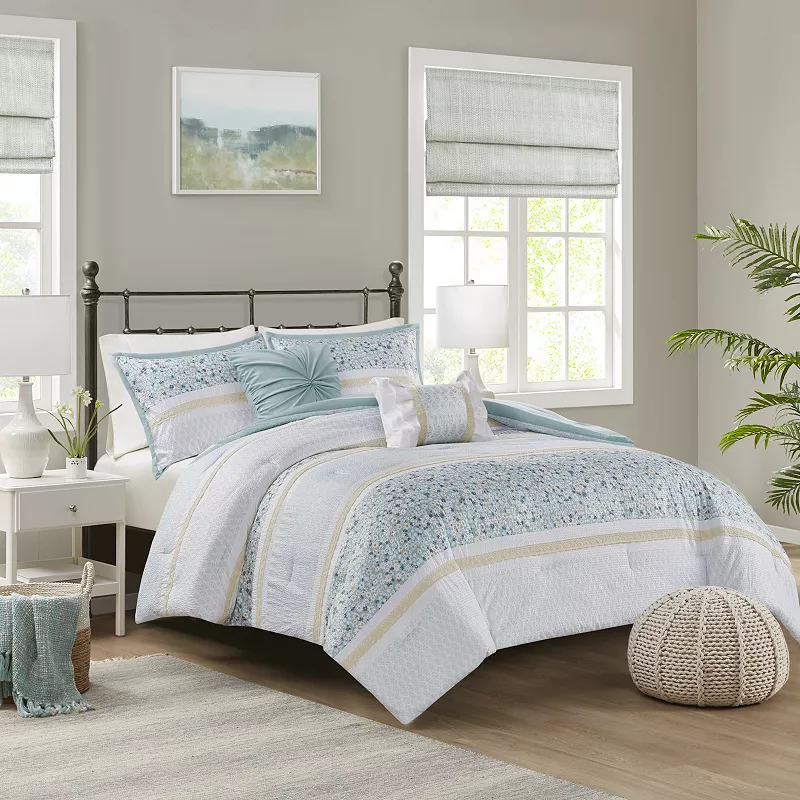 Madison Park Evian 5-Piece Seersucker Comforter Set with Throw Pillows