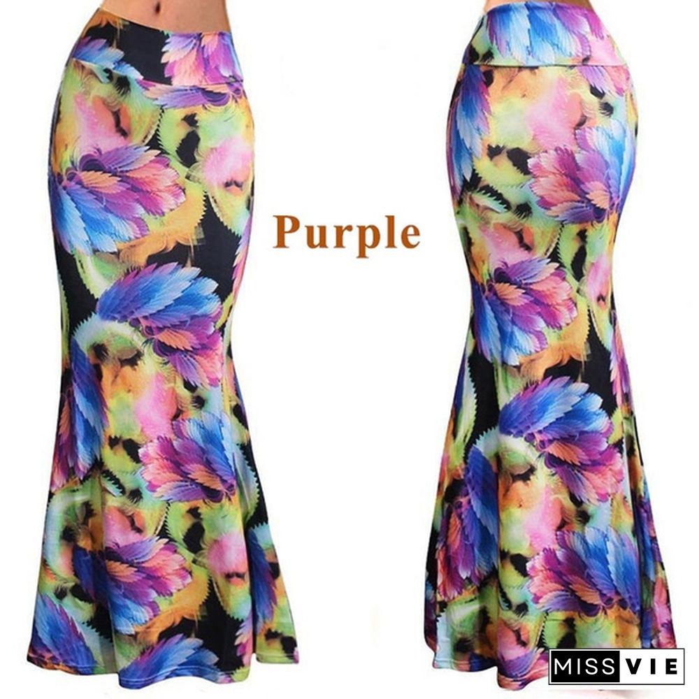 Women Summer Long Skirt Maxi Dress Floral Print Slim Fit Casual Skirts Printing Flower Bodycon Dress Beach Party Evening Jupe Longue Long Dress