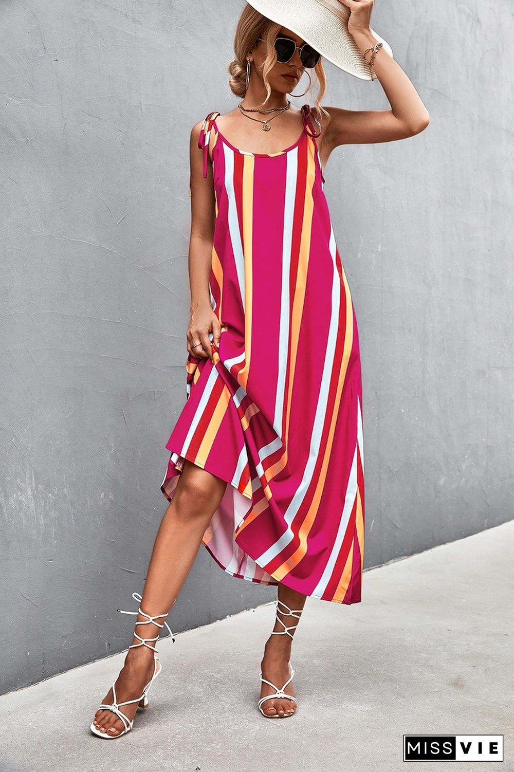 Sexy Dress For Women Summer Dresses New Casual Loose Beach High Waist Backless Lace-up Contrast Stripe Long Sling Dress