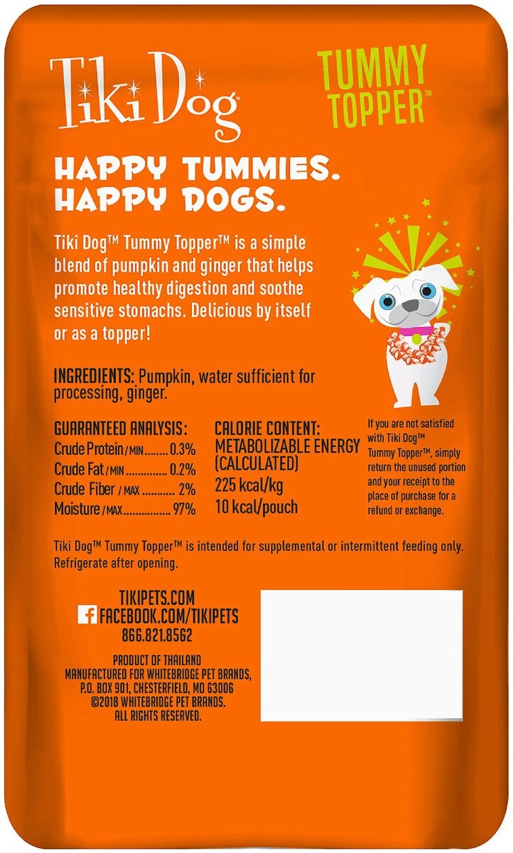 Tiki Dog Tummy Topper Pumpkin and Ginger Puree Grain-Free Wet Dog Food Topper， 1.5-oz， case of 12