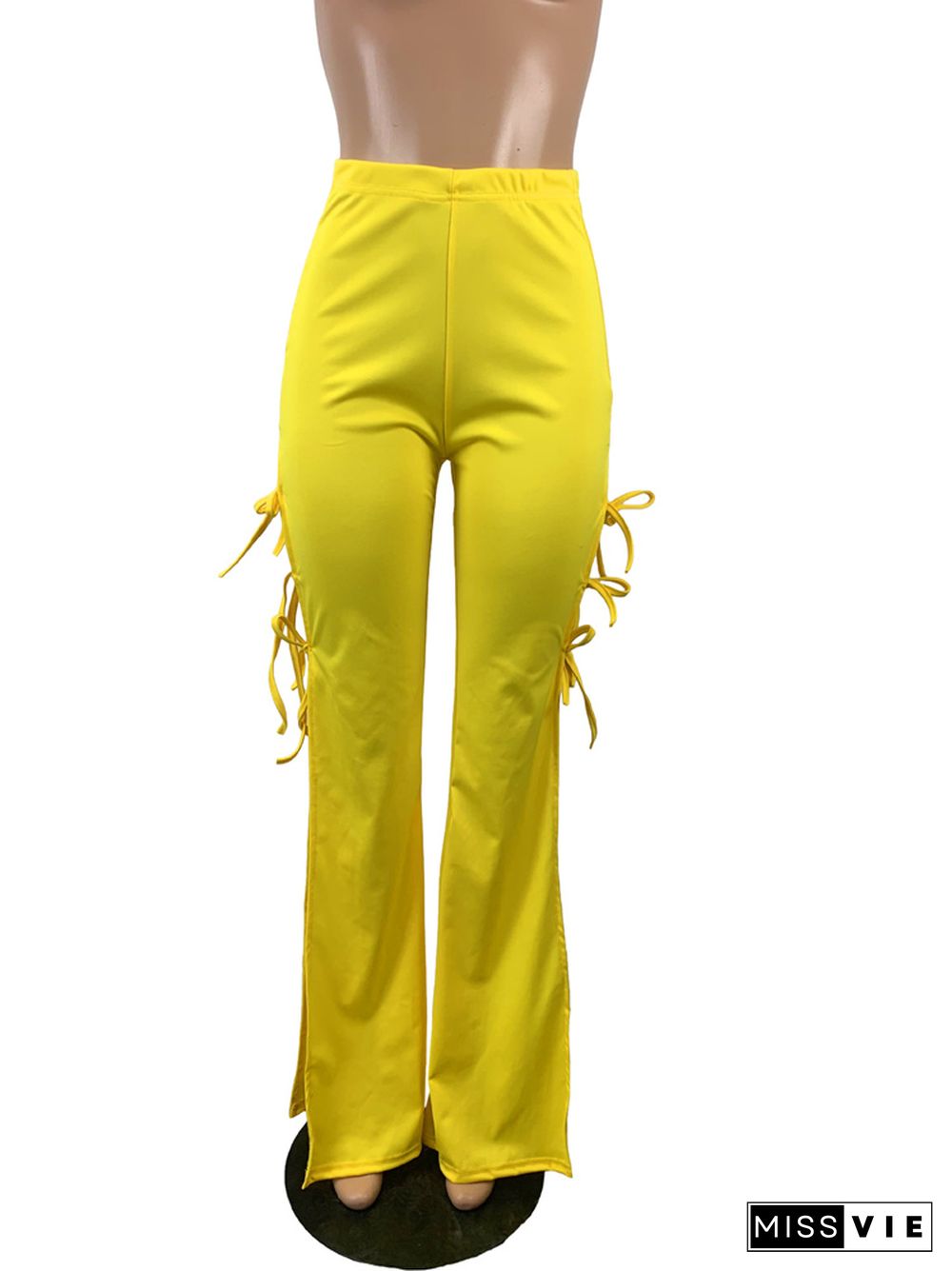 Solid Color Side Hollow Out Lace Up Flare Pants