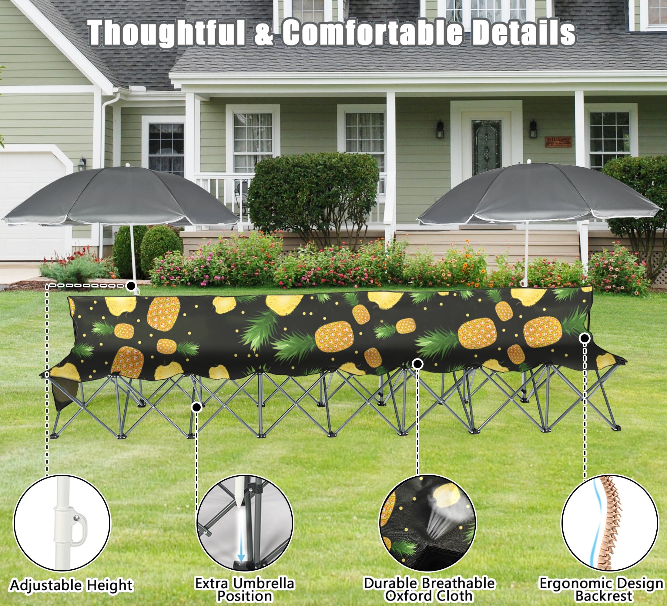 Portable Sports Bench 8 Seat Folding Camping Chairs Team Sideline Bench Lawn Chairs Heavy Duty W/ Removable Umbrella,Side Storage Pockets and Carry Bag for Outdoor Soccer,Football,Tailgating Pineapple