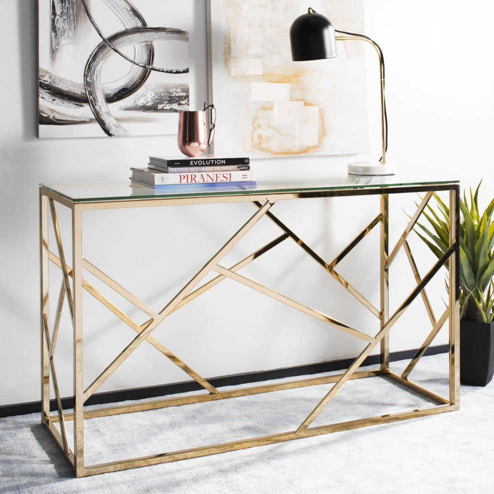 Elegant Console Table  uring Geometric Golden Frame  ampLarge Clear Glass Top   Contemporary   Console Tables   by Decor Love  Houzz