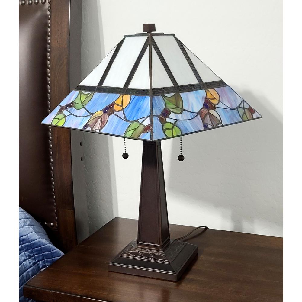 23" Cream and Blue Stained Glass Two Light Mission Style Table Lamp