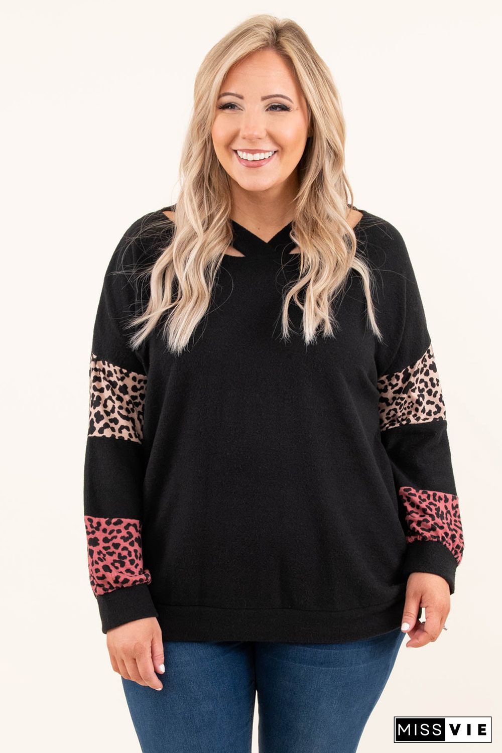 Black Plus Size Leopard Patchwork Strappy Neck Top