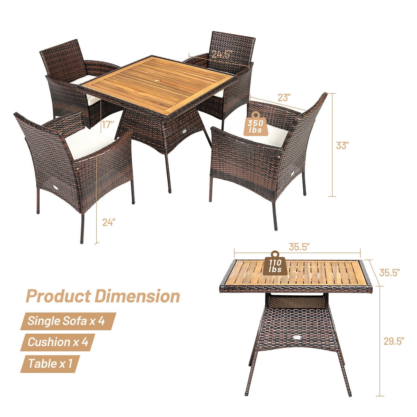 5 Pcs Rattan Patio Dining Table Set with Umbrella Hole, Acacia Wood Tabletop & 4 Cushioned Armchairs