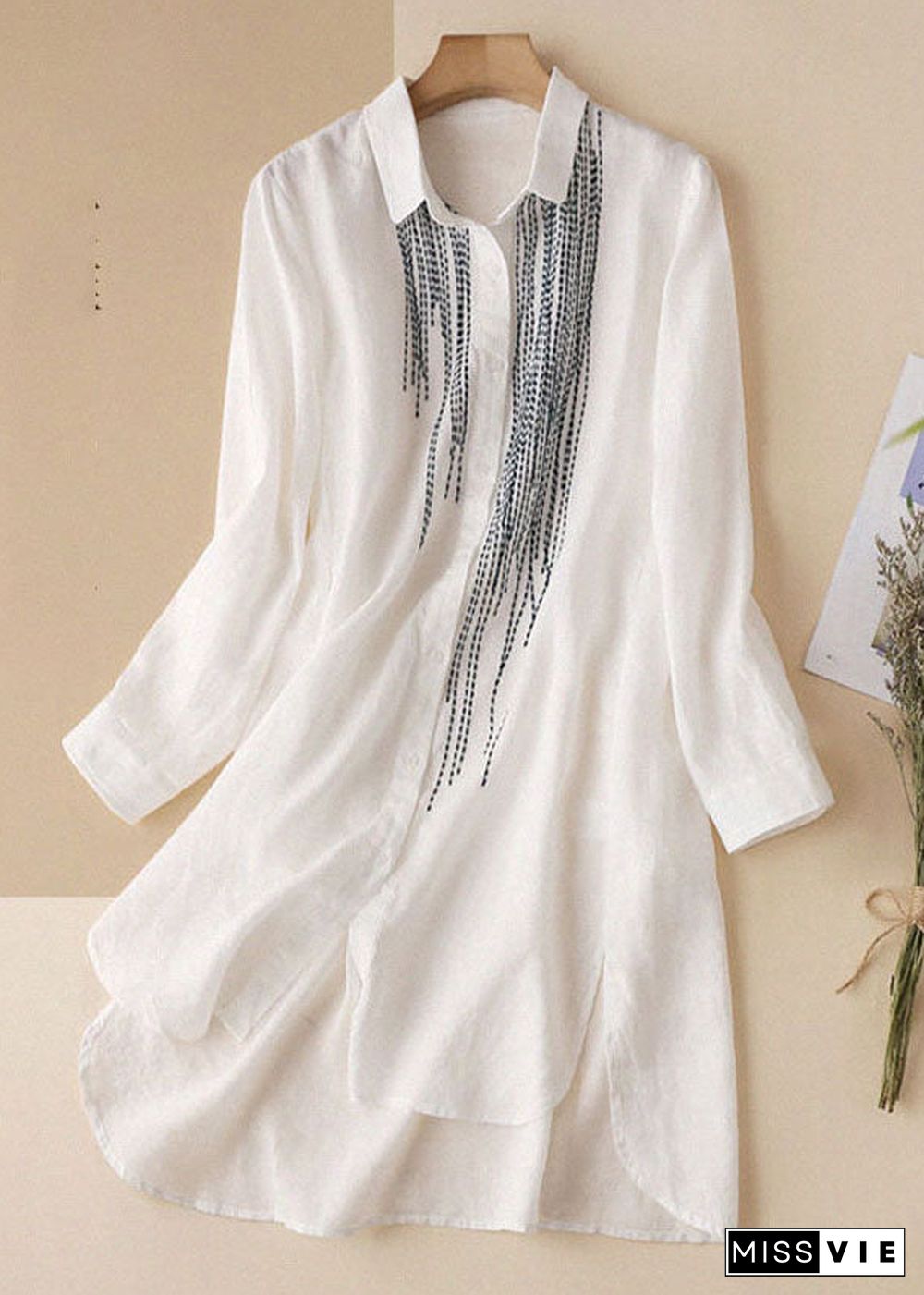 Fashion White Embroideried Low High Design Cotton Linen Long Shirt Top Long Sleeve