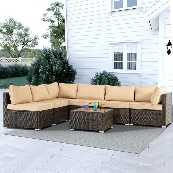 7PC Brown Wicker Patio Conversation Set with TableClearance