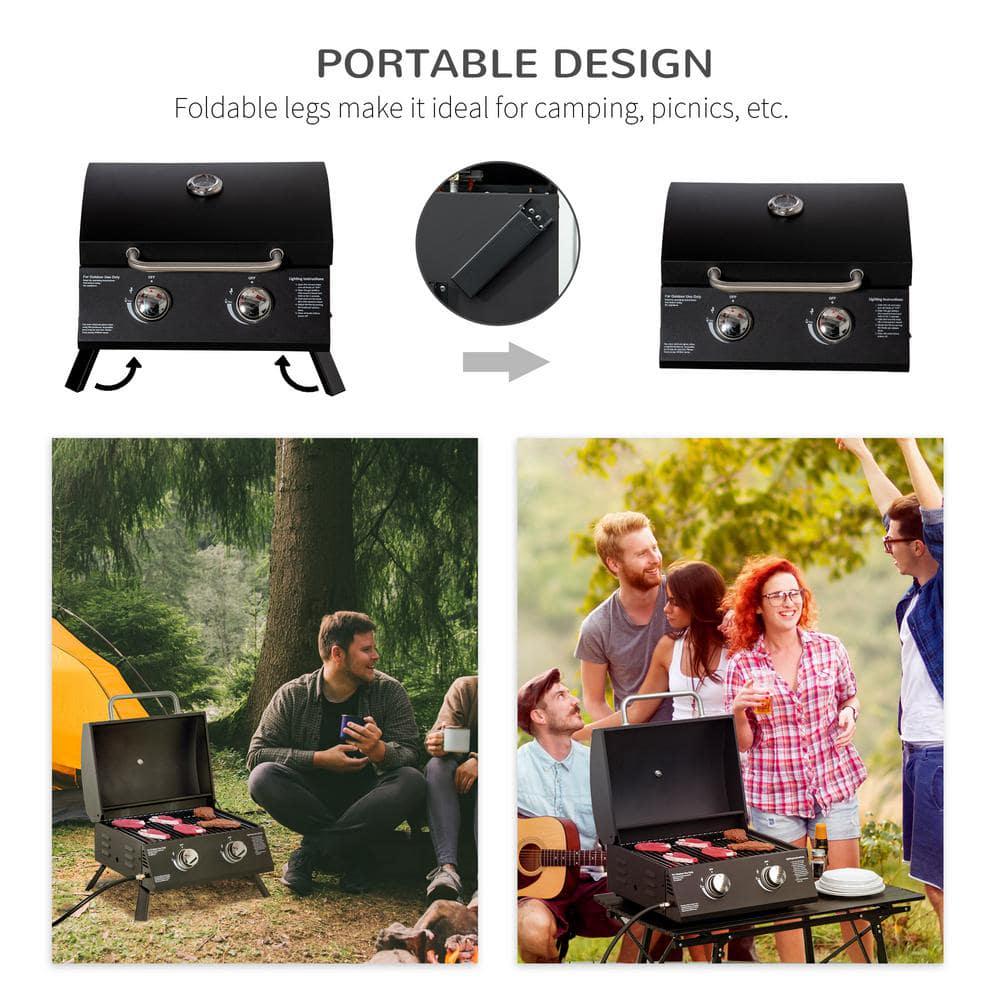 Outsunny Portable Propane Gas Grill in Black with Foldable Legs Lid Thermometer for Camping Picnic Backyard