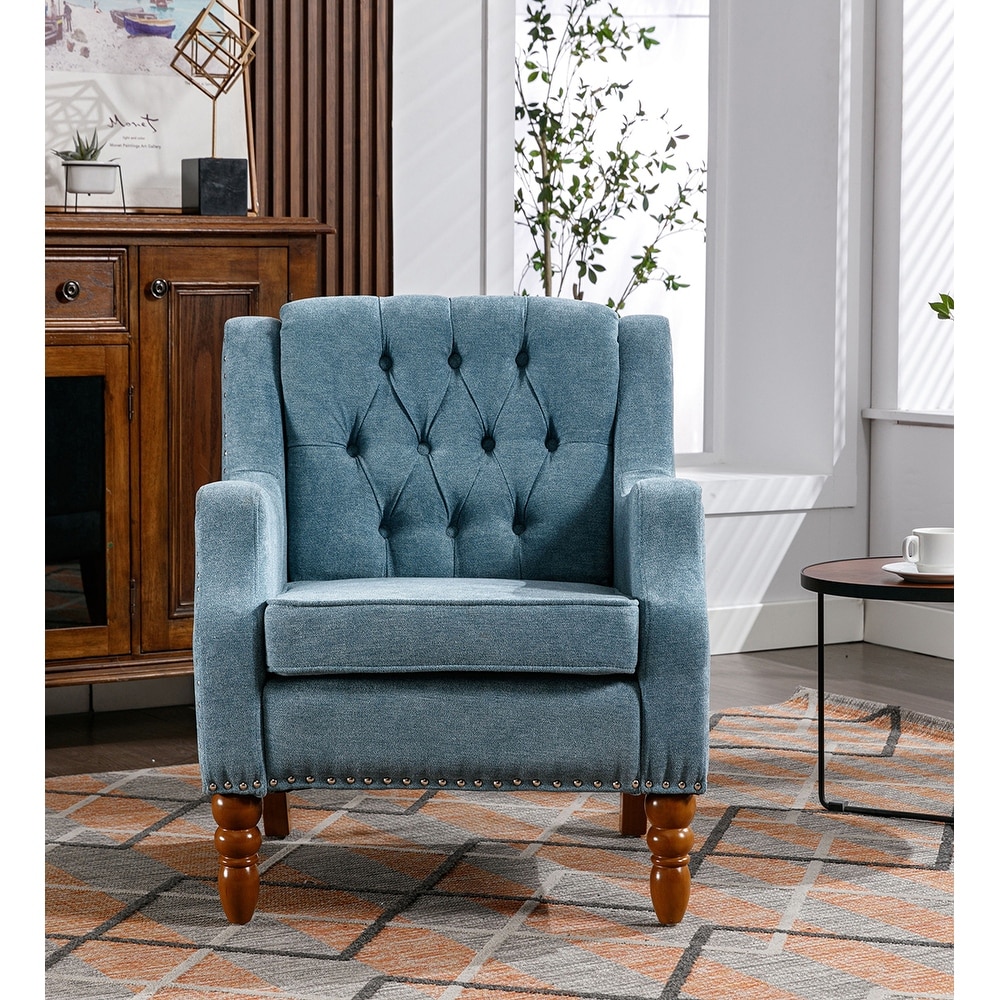 Modern Accent Chair Armchair Blue Tufted Armchair with Vintage Brass Studs Upholstered Chair for Living Room