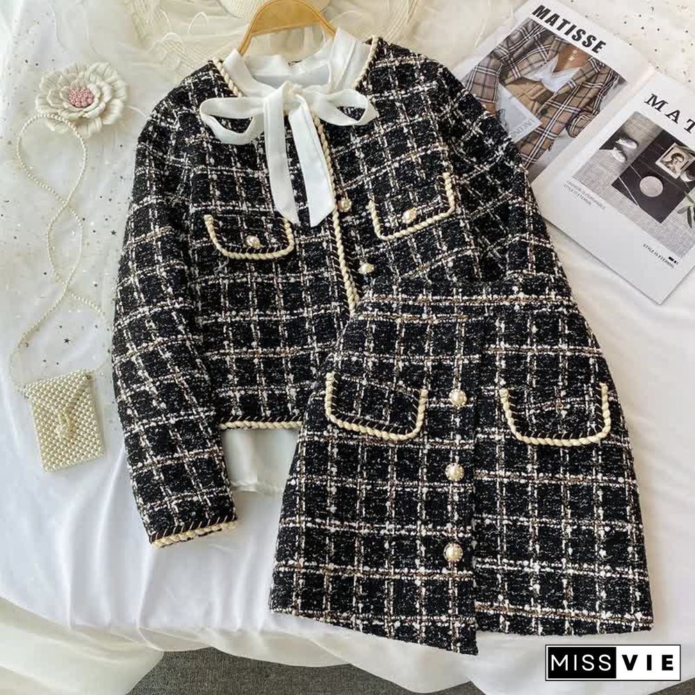 Chic Plaid Print Jacket Lace Up Shirt High Waist Skirt Three Pieces Set