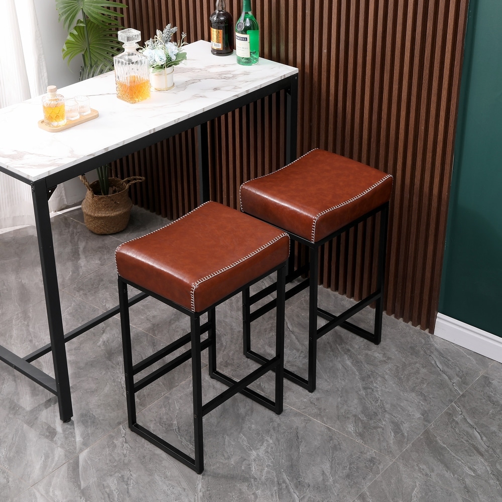 Counter Height Bar Stools Set of 2  Backless Dining Room Chairs with PU Leather Upholstered Seat and Black Metal Legs