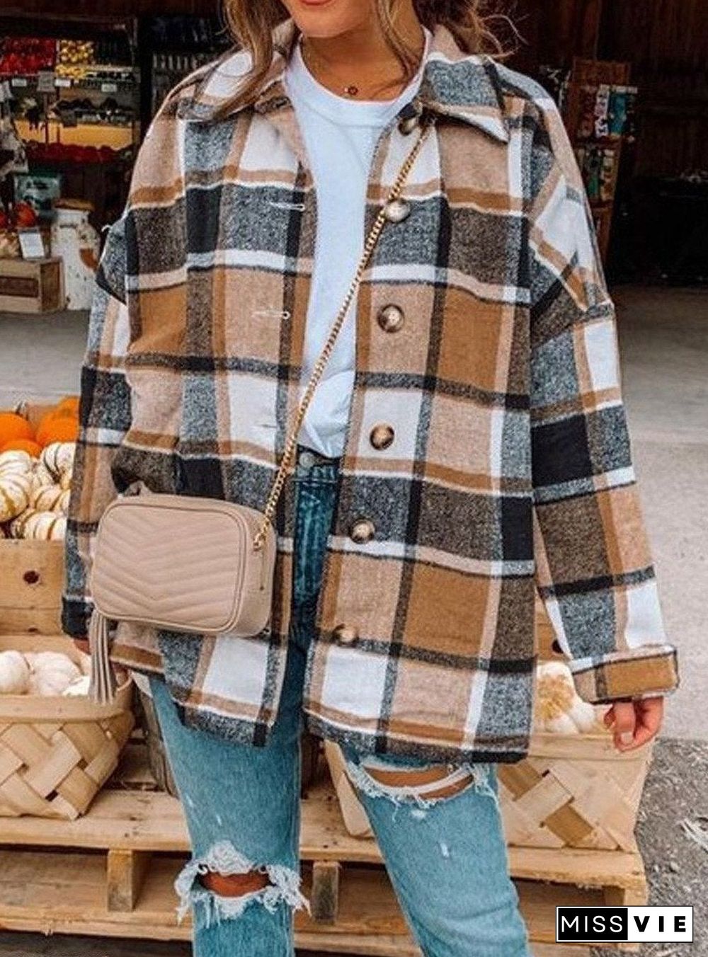 Long Sleeve Lapel Loose Plaid Shirt Jacket