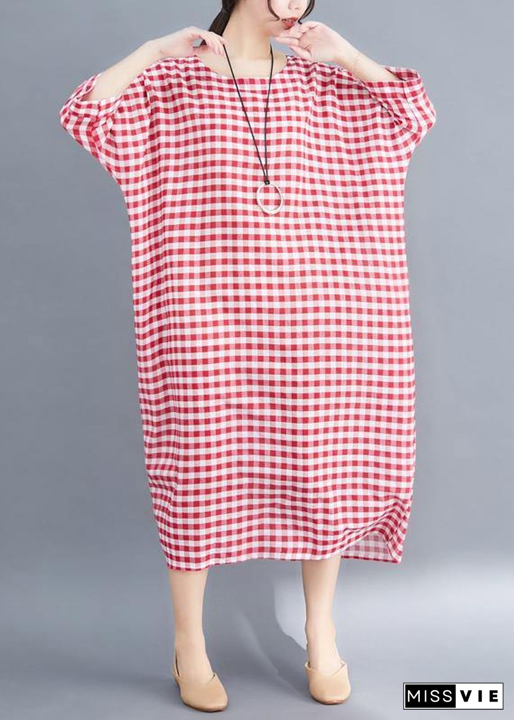 French red white plaid cotton linen plus size Photography Maxi summer Dresses