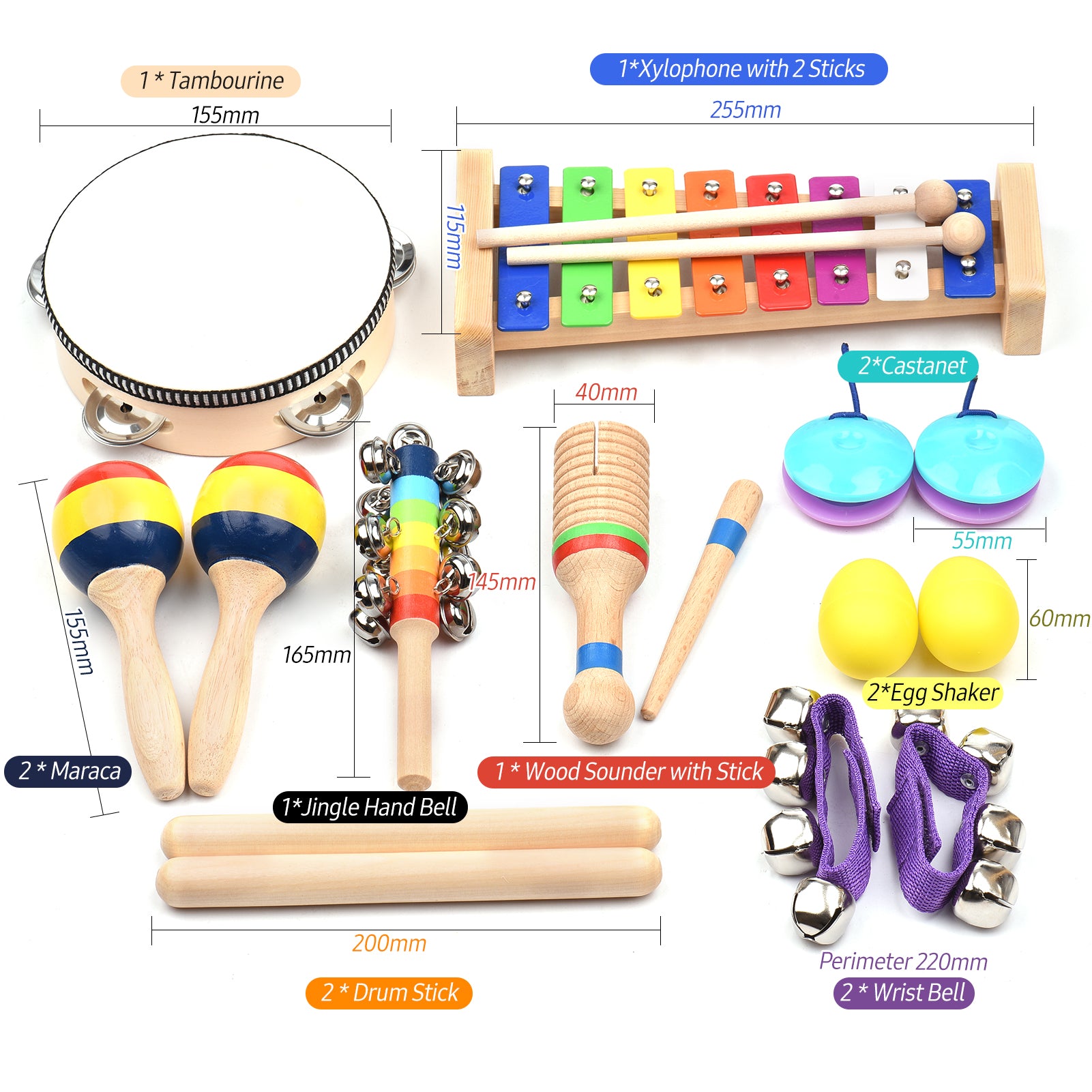 Dcenta 13 PCS Kids Musical Instruments Toys with Carry Bag Colorful Wooden Percussion Instruments Early Education Gifts for Toddlers Children Preschool Girls Boys