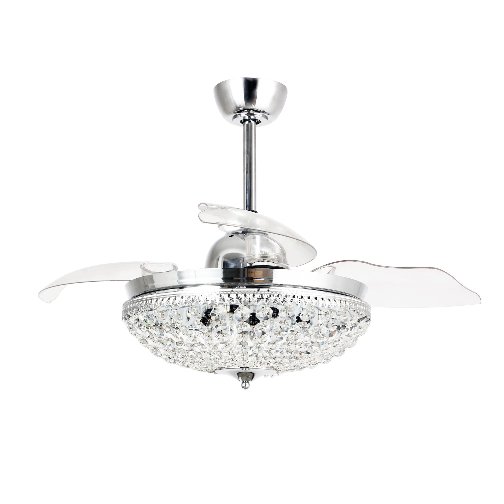 52 Inch Crystal Ceiling Fan with Remote Control Retractable 3-Blades Contemporary Chandelier Fan 6-Light， Chrome