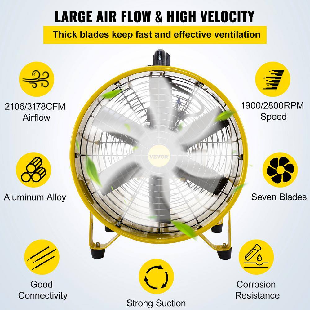 VEVOR Pivoting Utility Blower Fan 16 in. 1100 Watt 2160 3178 CFM High Velocity Ventilator with 32.8 ft. Duct Hose for Jobsite GYGFJST16CSSCD10MV1