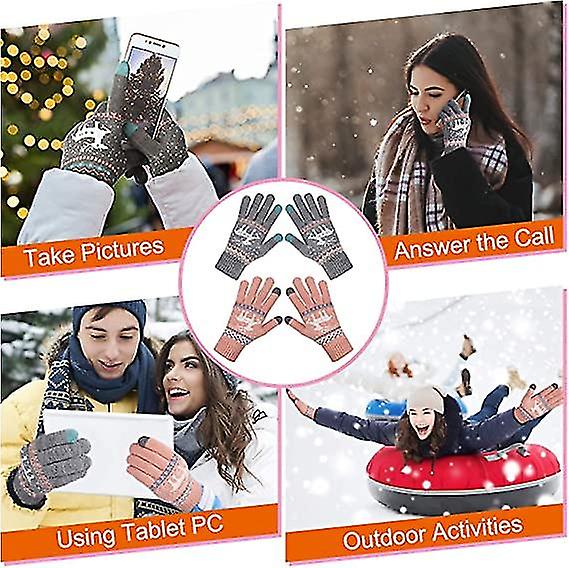 Womens Touch Screen Gloves Stretch Knitted Warm Mitten Winter Thermal Ladies Gloves Smartphones Texting Gloves One Size (pink And Grey)2pcs