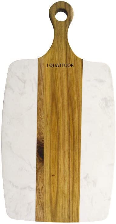 J QUATTUOR Acacia Wood and Marble Cheese Board with Handle， Serving Tray， Charcuterie Platter for Cheese， Fruit， Meat， Sushi