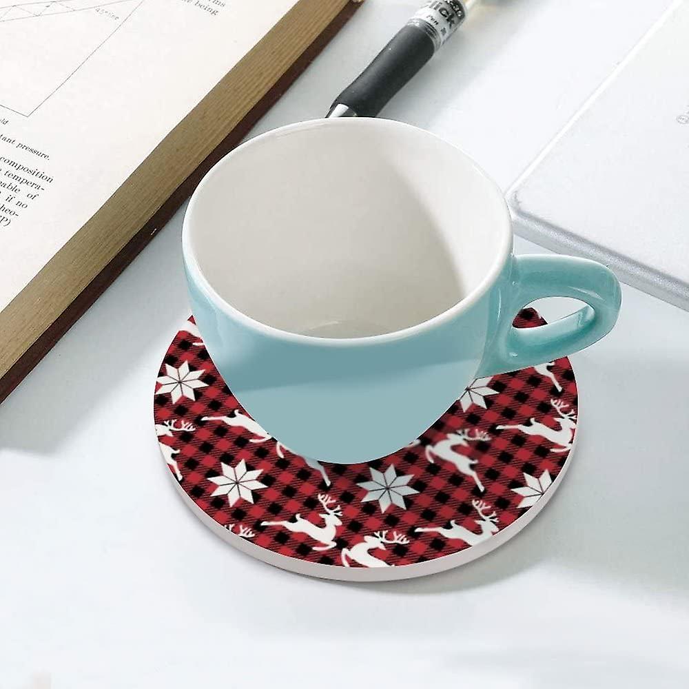 2pcs Round Christmas Deer Flower At Buffalo Plaid Ceramic Coasters With Cork-backed For Coffee Drink Cup Mat Absorbent Stone Coasters