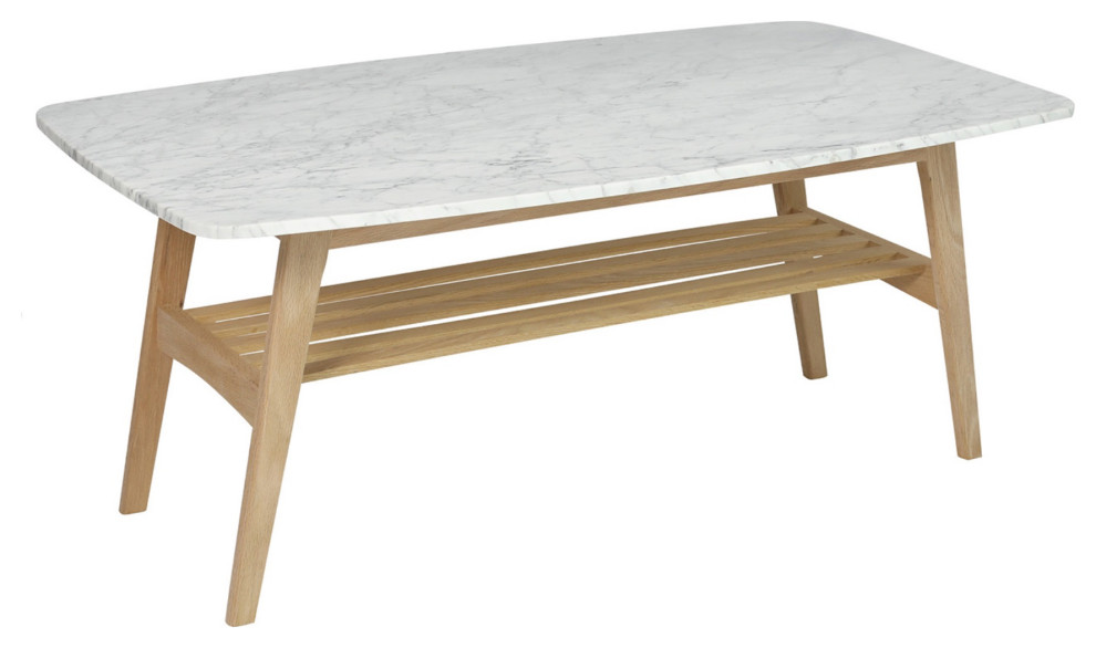 Laura 43 quotRectangular Italian Carrara White Marble Coffee Table With Oak Shelf   Transitional   Coffee Tables   by Homesquare  Houzz